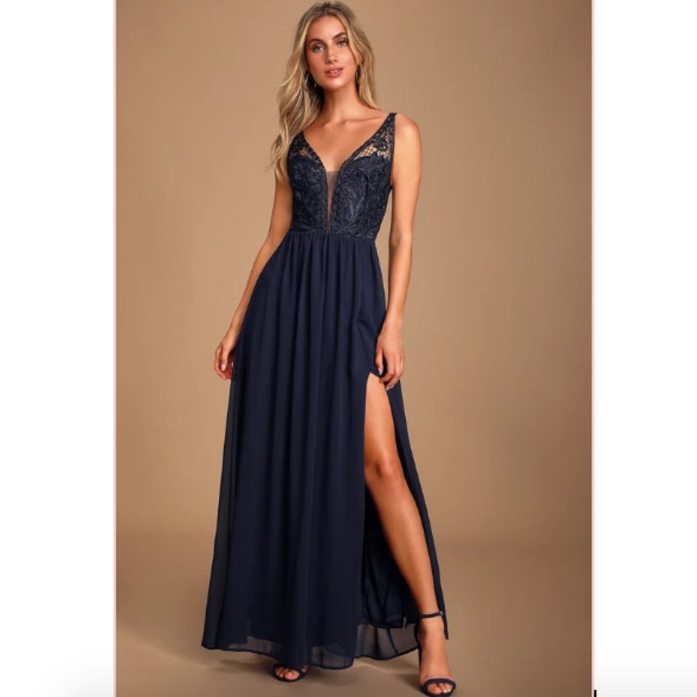 Lulu's Melvina Navy Blue Lace Chiffon Maxi Dress S